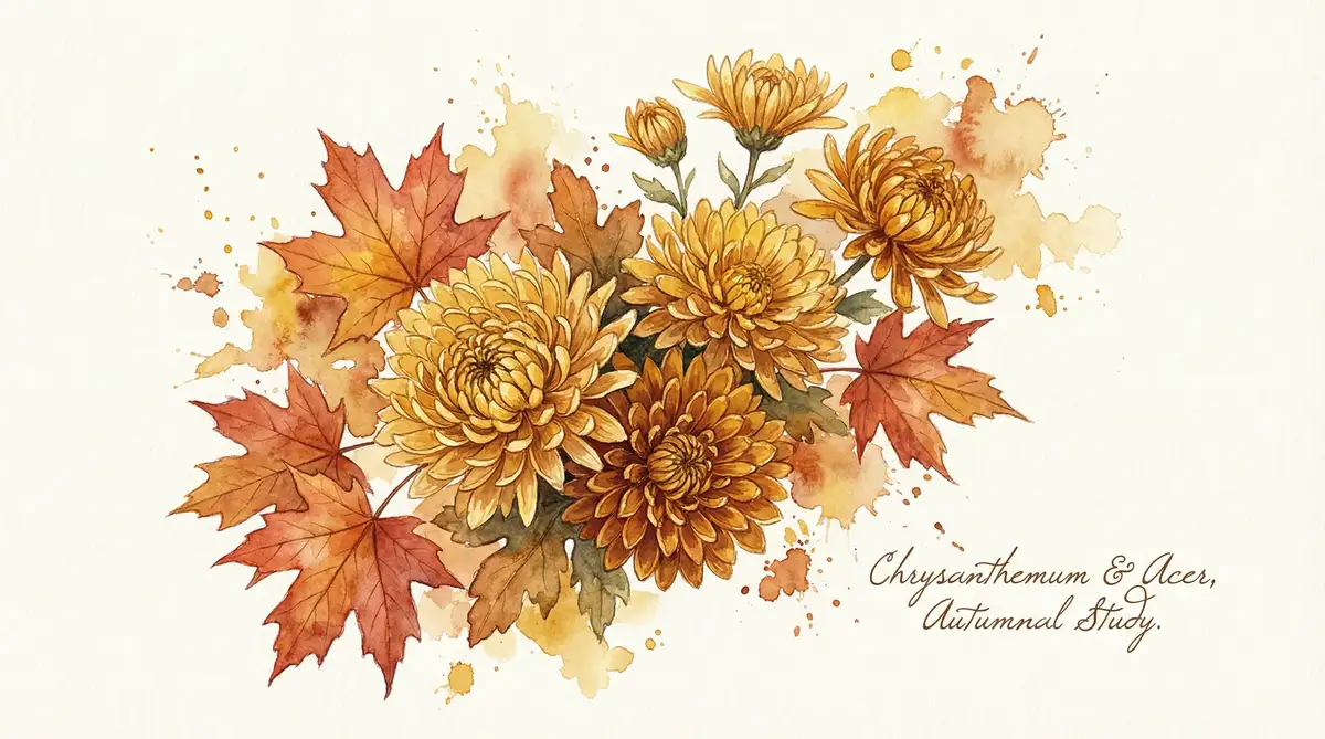 秋日菊花与红叶水彩画 - 探花